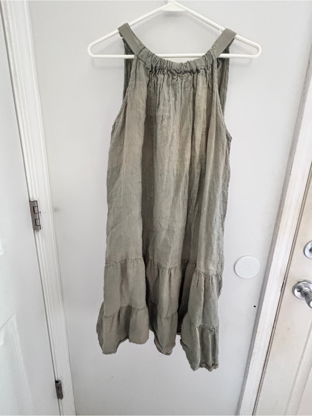 Bella Umbra Summer Sleeveless Tiered Linen Dress Olive Medium 100% Linen Tied